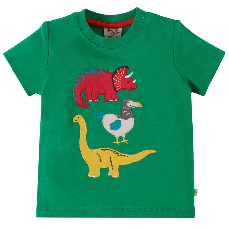 Frugi Little Creature Appliqué T-shirt - Ribbit Green Dinos