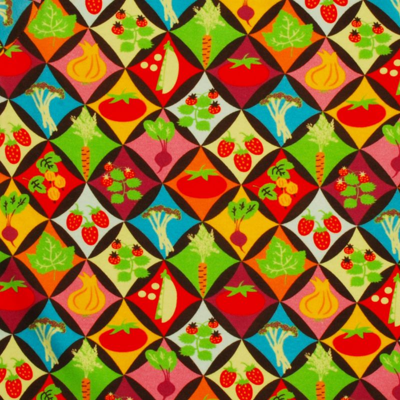 Colorful pattern of DUNS Sweden vegetables and fruits on a harlequin checkered background