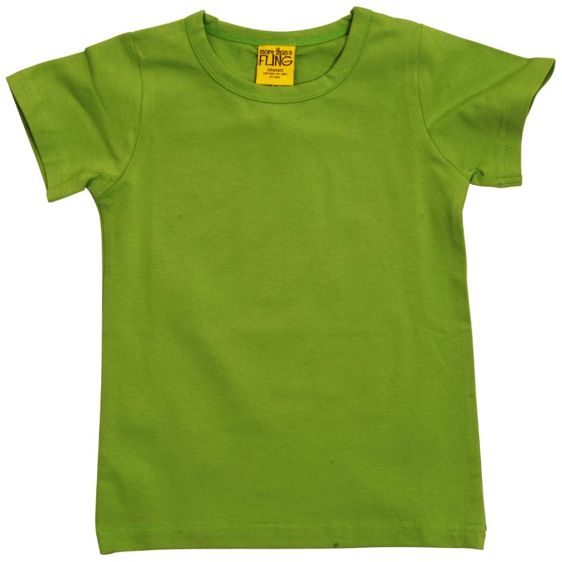 Green t-shirt with a More Than A Fling brand tag on a white background