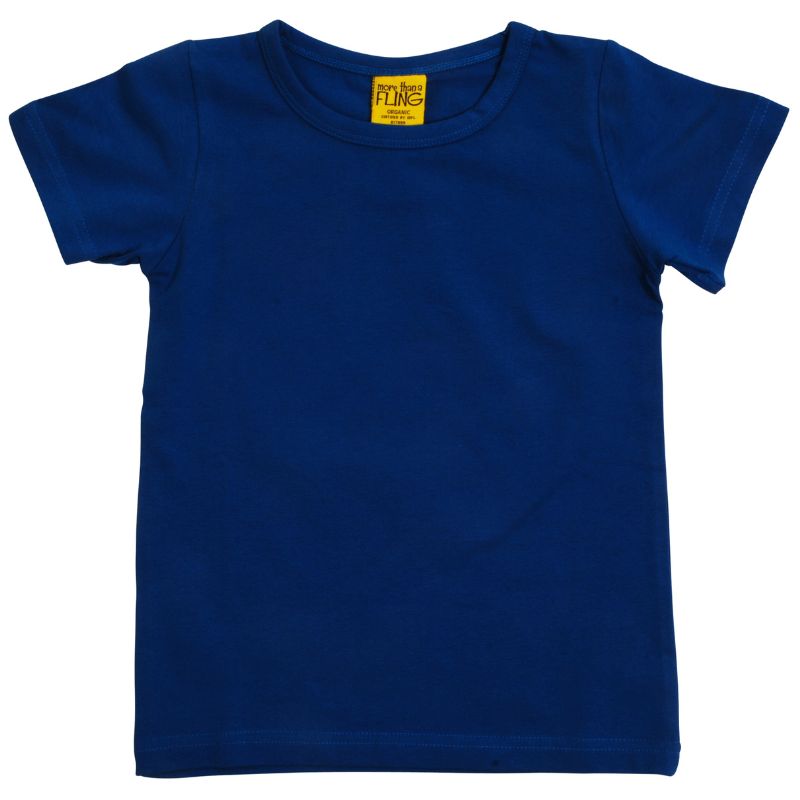 Blue t-shirt with a yellow More Than A Fling brand label on a white background