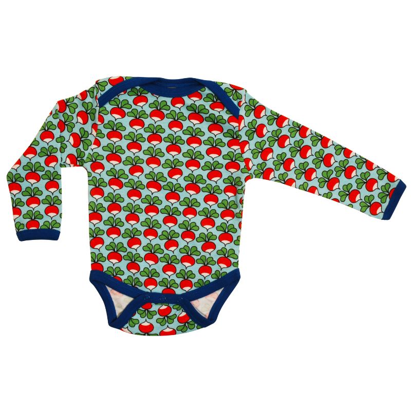DUNS Baby onesie with red and white radish pattern on a light blue background