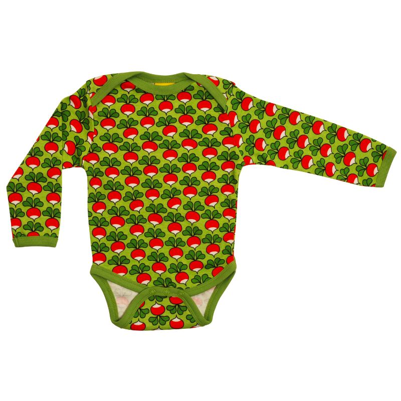Green DUNS Sweden baby onesie with red and white radish pattern on a green background