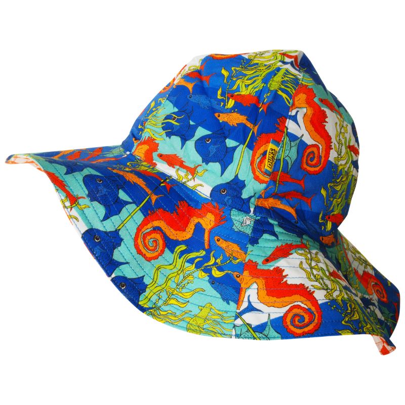 Colorful bucket hat with DUNS Sweden seahorse design on a white background