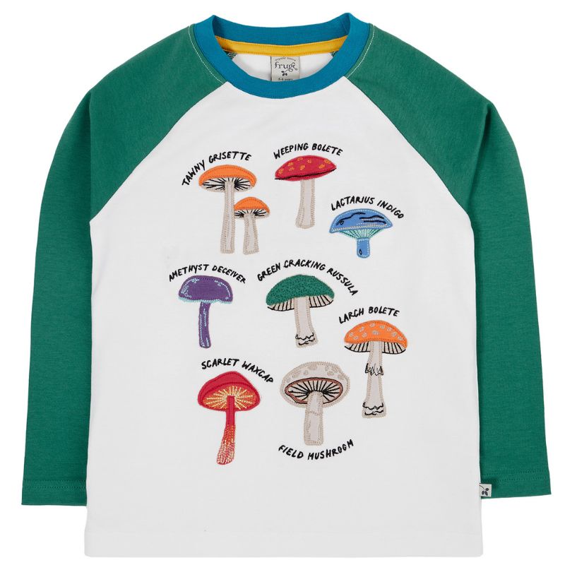 Children&#39;s long-sleeve shirt with mushroom illustrations on a white background