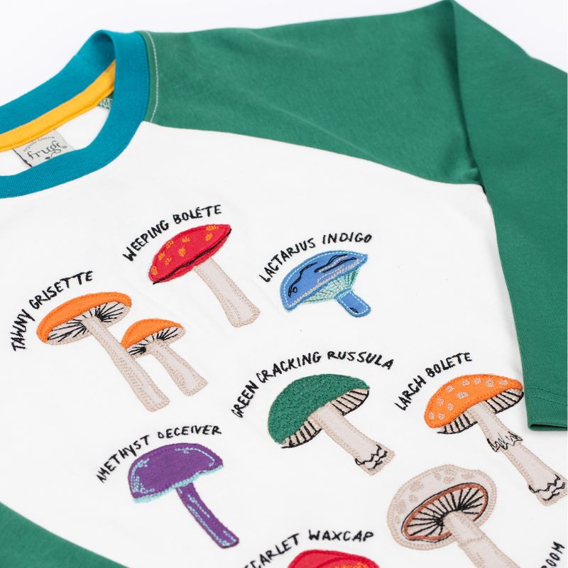 Children&#39;s shirt with colorful mushroom illustrations and labels on a white background
