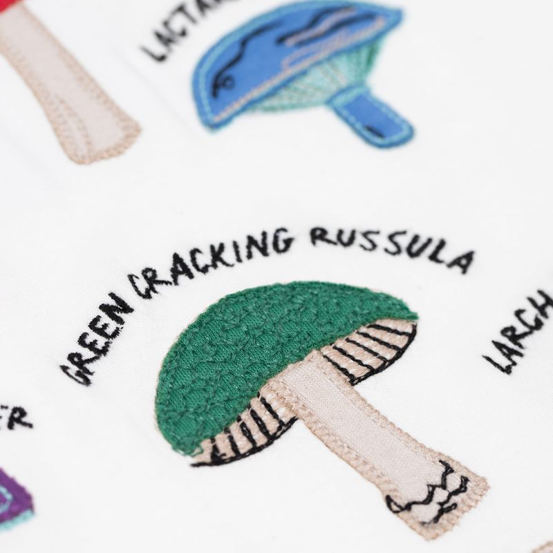 Embroidered mushroom design with text on a fabric background