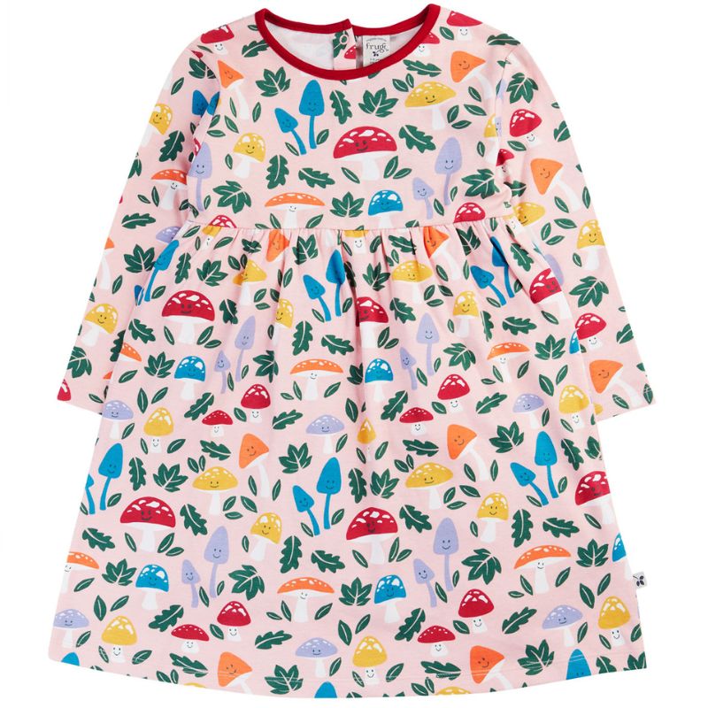 Children&#39;s dress with colorful mushroom pattern on a white background