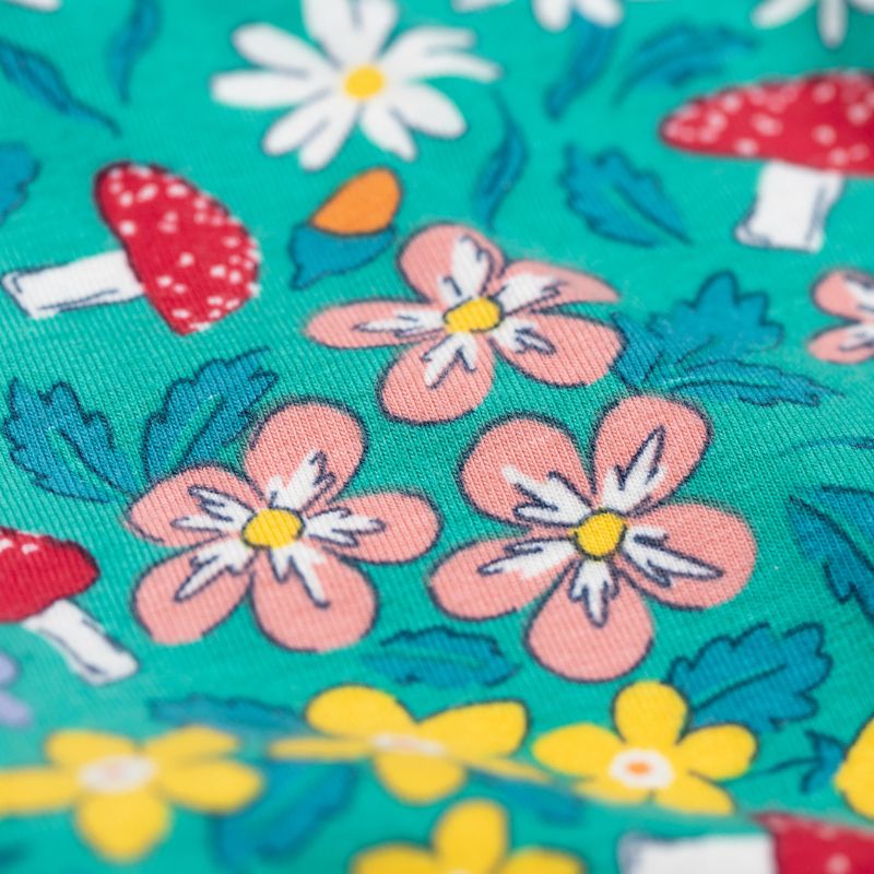 Colorful fabric pattern with flowers, mushrooms, and leaves on a teal background