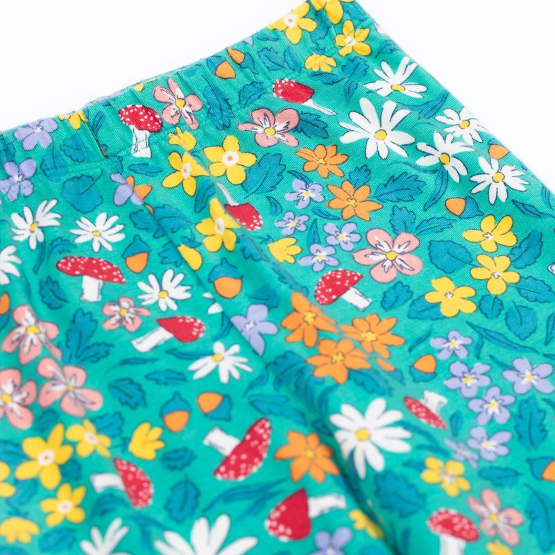 Colorful fabric with floral and mushroom pattern on a teal background