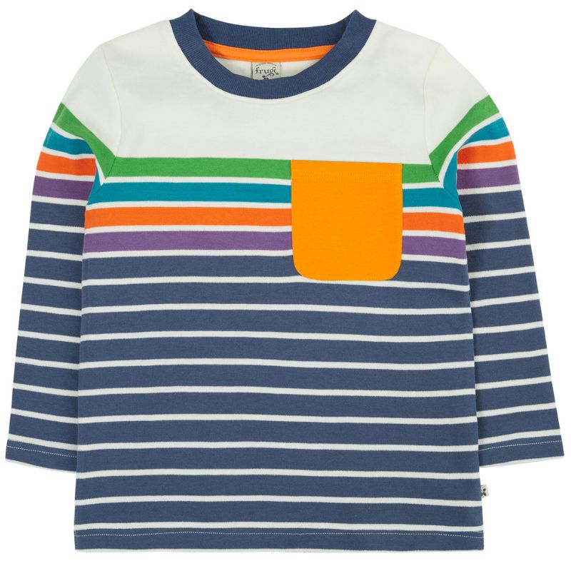 Children&#39;s long-sleeve shirt with colorful stripes and a pocket on a white background