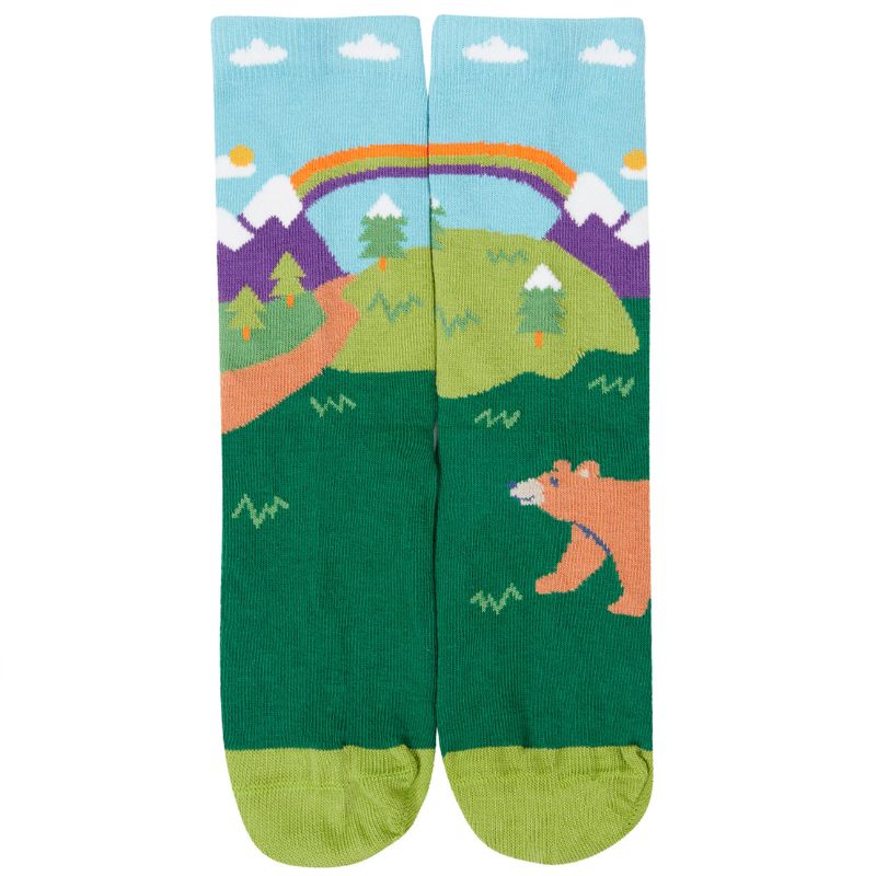 Colorful socks with a bear and nature design