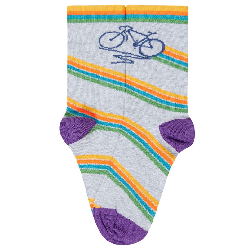 Colorful striped sock with a bicycle design 