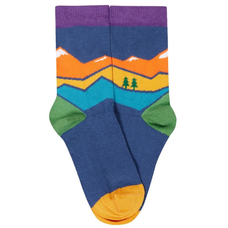 Three colorful socks with nature-themed designs