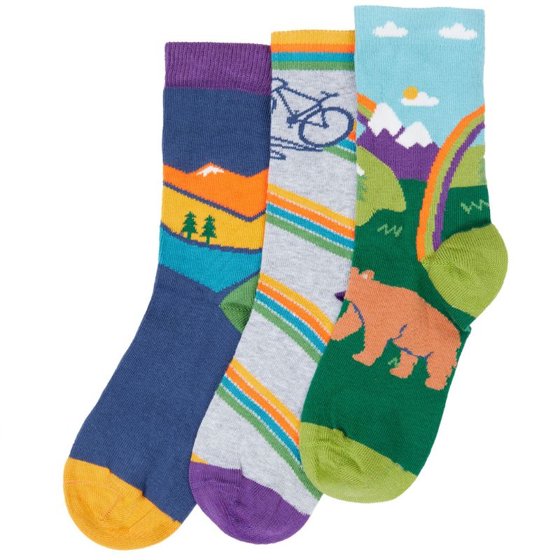 Three colorful socks with nature-themed designs