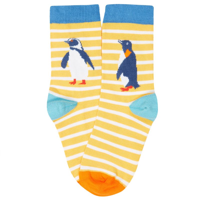 Striped socks with penguin design on a white background
