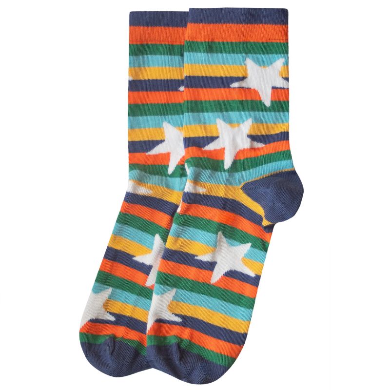 Colorful socks with stripes and star patterns on a white background
