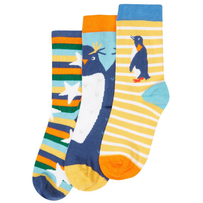 3 pack of Frugi socks with stripes and penguins