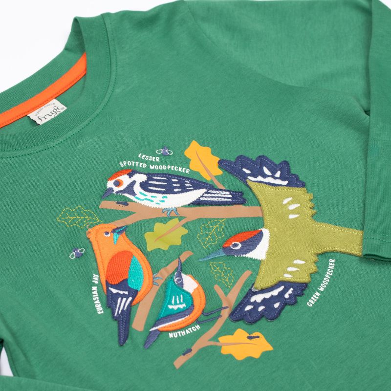 Green t-shirt with colorful bird illustrations and &#39;Frugi&#39; brand tag.