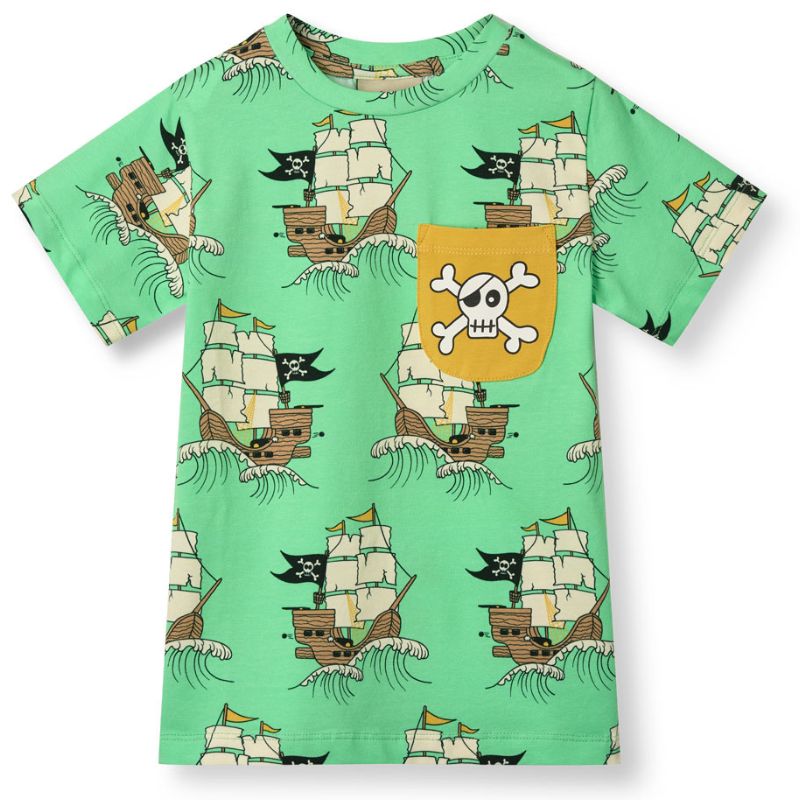 Green Smafolk t-shirt with pirate ship pattern on a white background