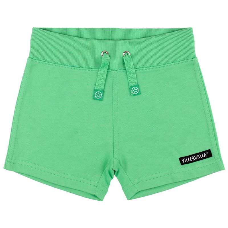 Green shorts with a visible Villervalla brand label on a white background
