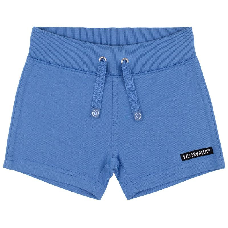 Blue shorts with drawstring and Villervalla logo on a white background