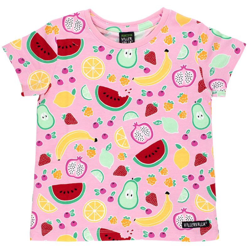 Pink Villervalla t-shirt with colorful fruit pattern on a white background