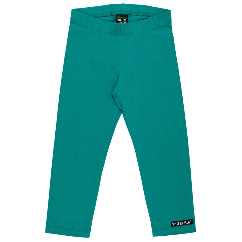 Teal green leggings with a visible Villervalla brand label on a white background
