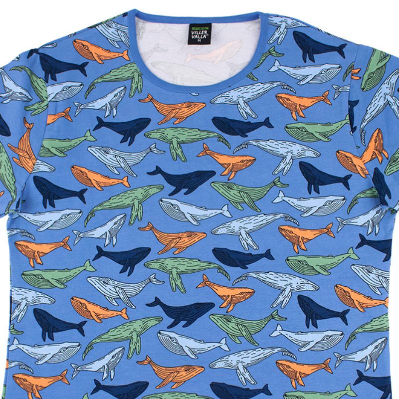 Villervalla Whale Print Unisex Adult Top - Nautic Blue