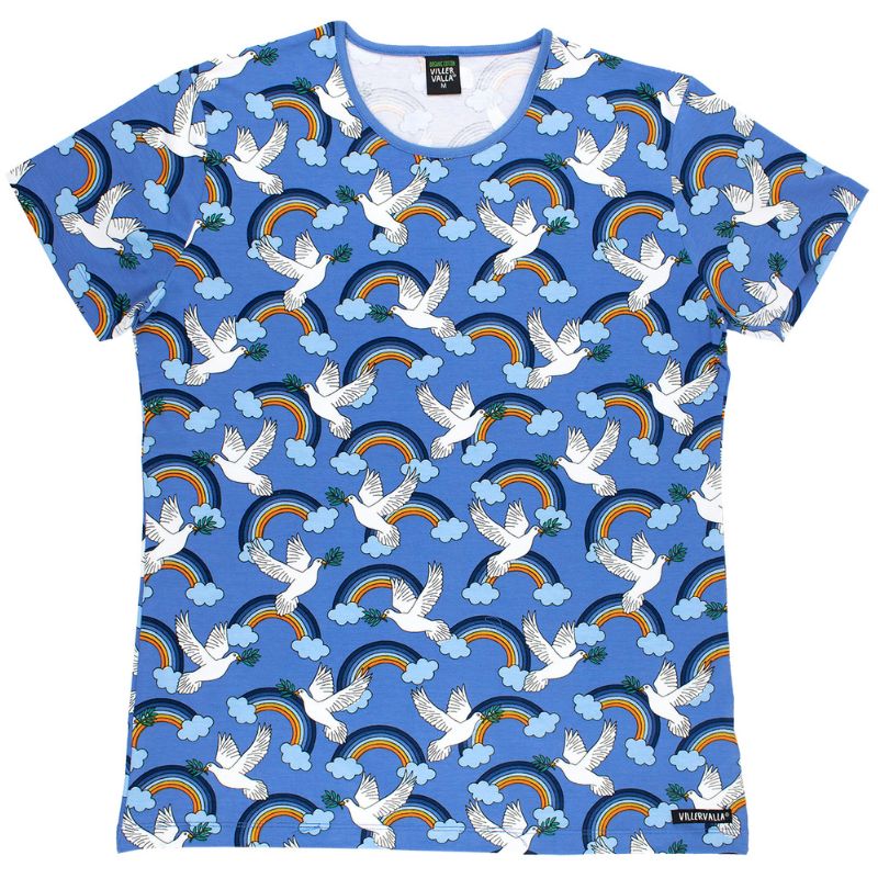 Adult Villervalla Peace T-shirt with a pattern of doves, rainbows, and clouds on a blue background