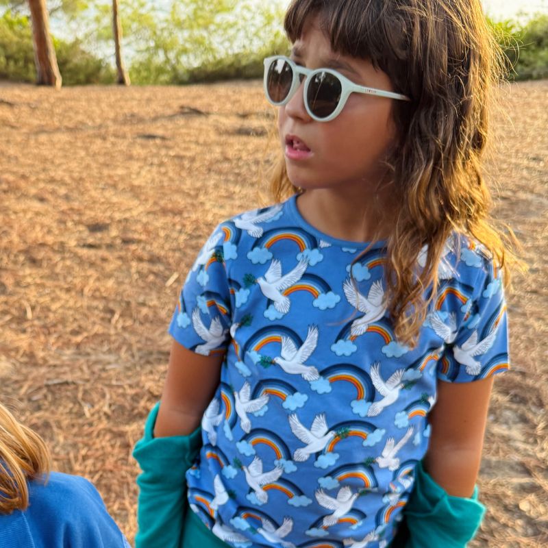 Child wearing a blue Villervalla t-shirt with rainbow, cloud and dove pattern outdoors