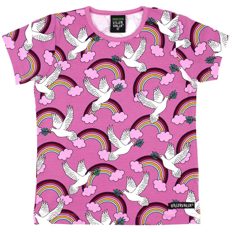 Pink Villervalla Peace t-shirt with white doves, rainbow patterns, and pink clouds on a white background