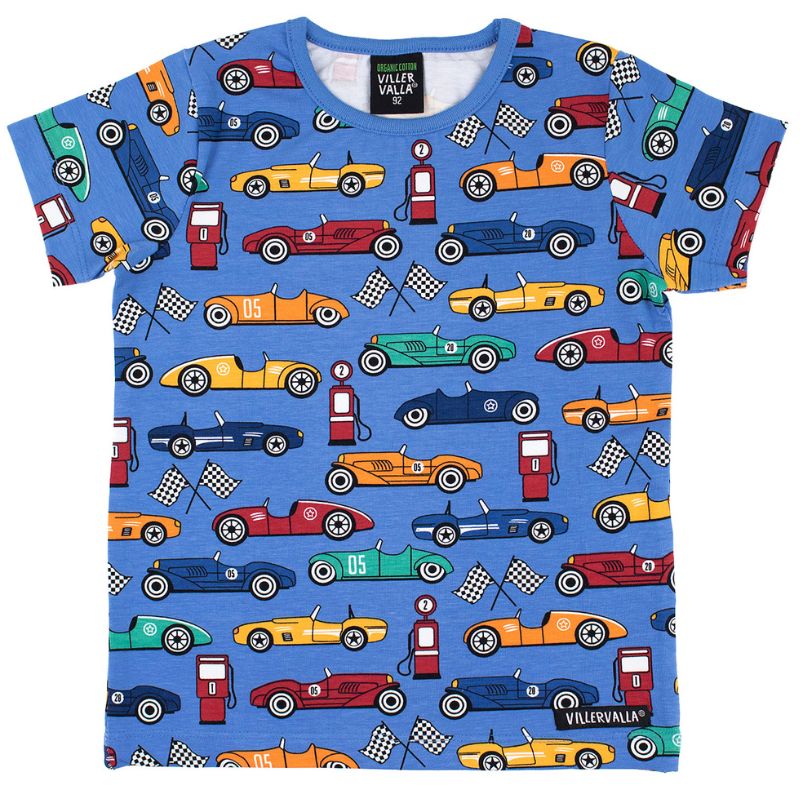 Villervalla Children&#39;s t-shirt with colorful car pattern on a blue background