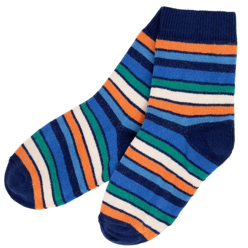 Colorful striped Villervalla socks on a white background