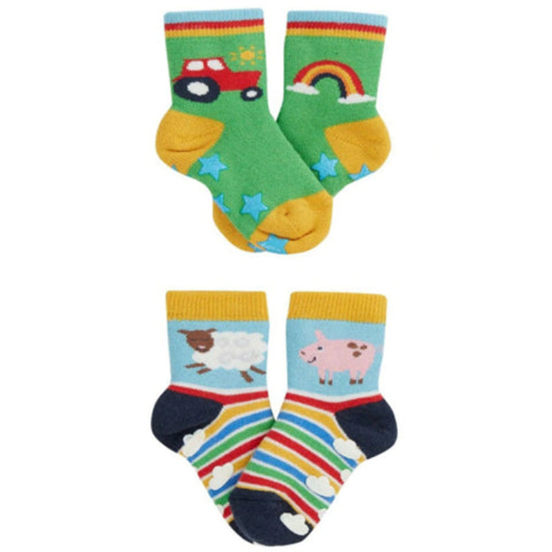 Frugi Baby/Toddler Grippy Socks - 2 Pack - Rainbow/Farm