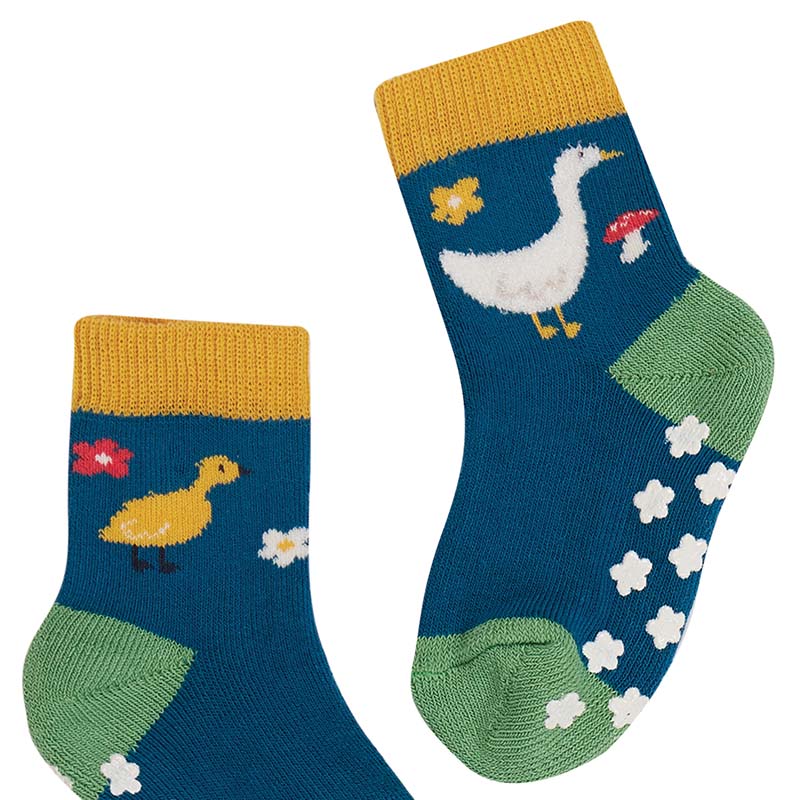 40% off- Frugi Baby/Toddler Grippy Socks - 2 Pack - Fjord Green/Geese -  Scandi Down Under