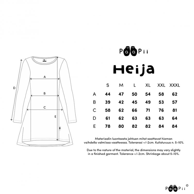 Paapii Heija tunic size guide