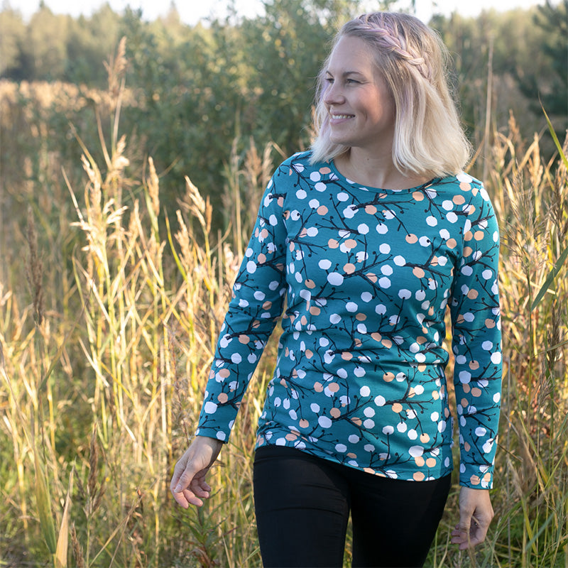 PaaPii Ladies Berry Tree Aava Shirt - Turquoise - Long Sleeve (Last one! 2XL) - FINAL SALE