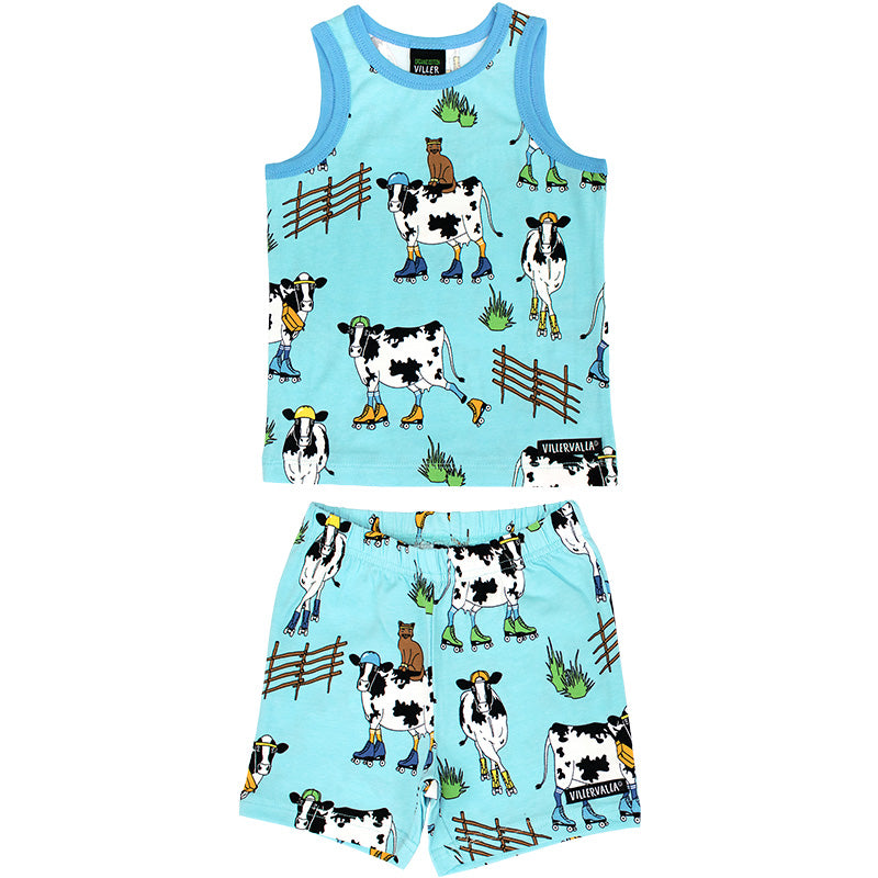 -40% off- Villervalla Kids Roller Cow Tank Top & Shorts Set - Light Aqua Blue (Only 2 left! 5-6 & 7-8y)